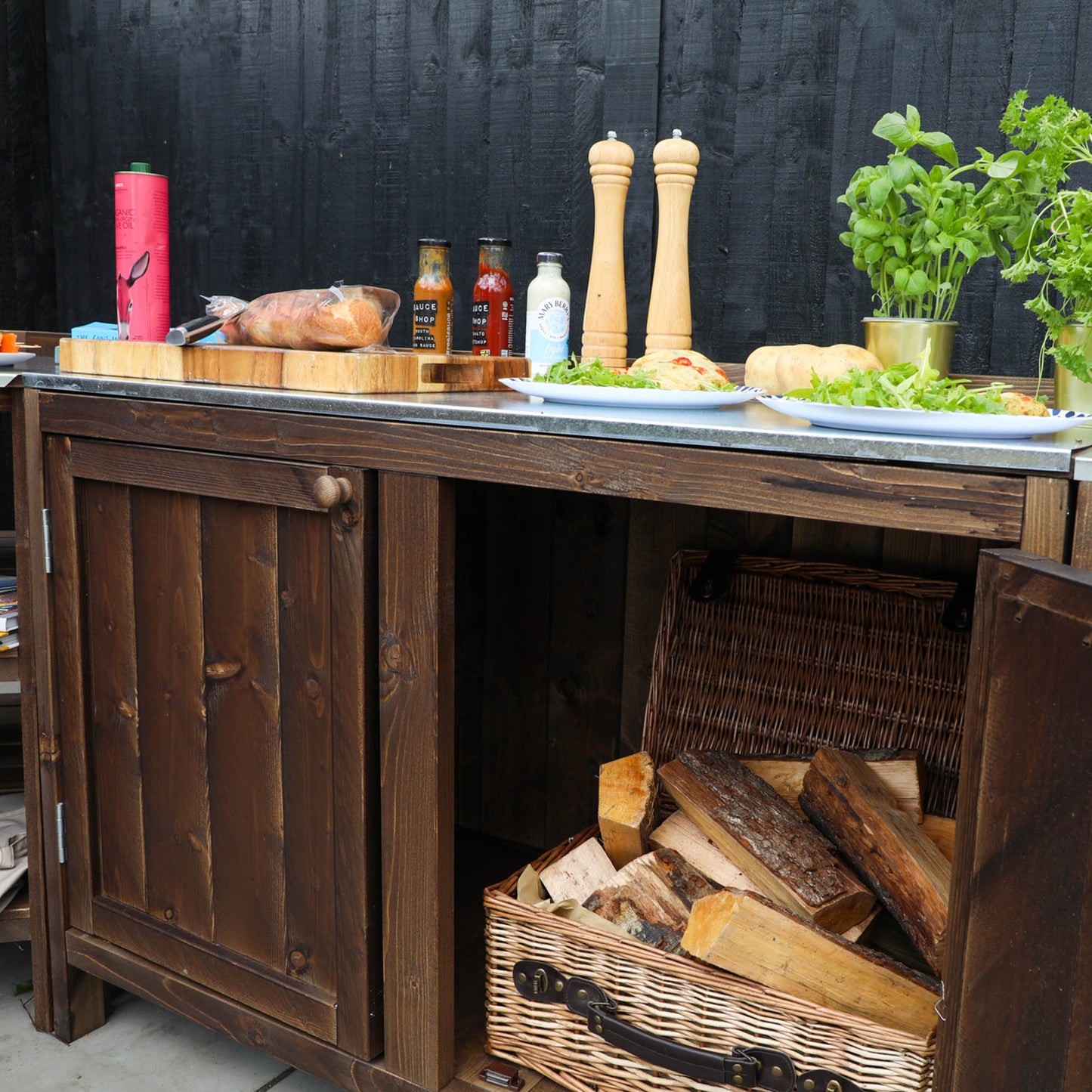 An outdoor kitchen manufactured from timber