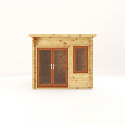 A curved roof log cabin with full length double doors and large windows with oak UPVC