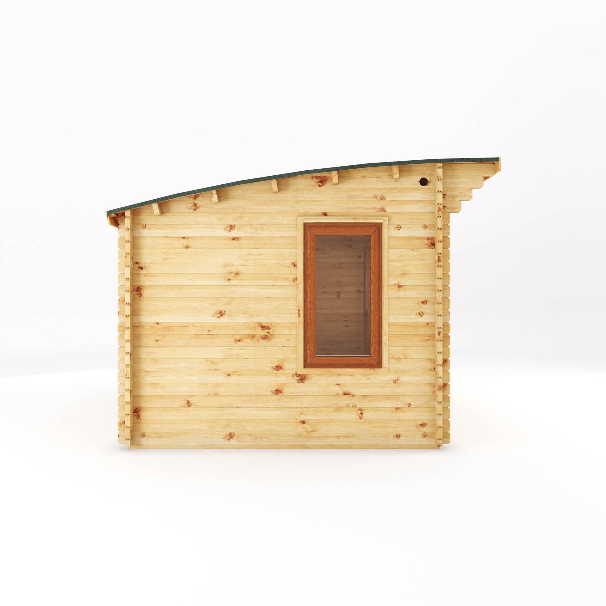 A curved roof log cabin with full length double doors and large windows with oak UPVC