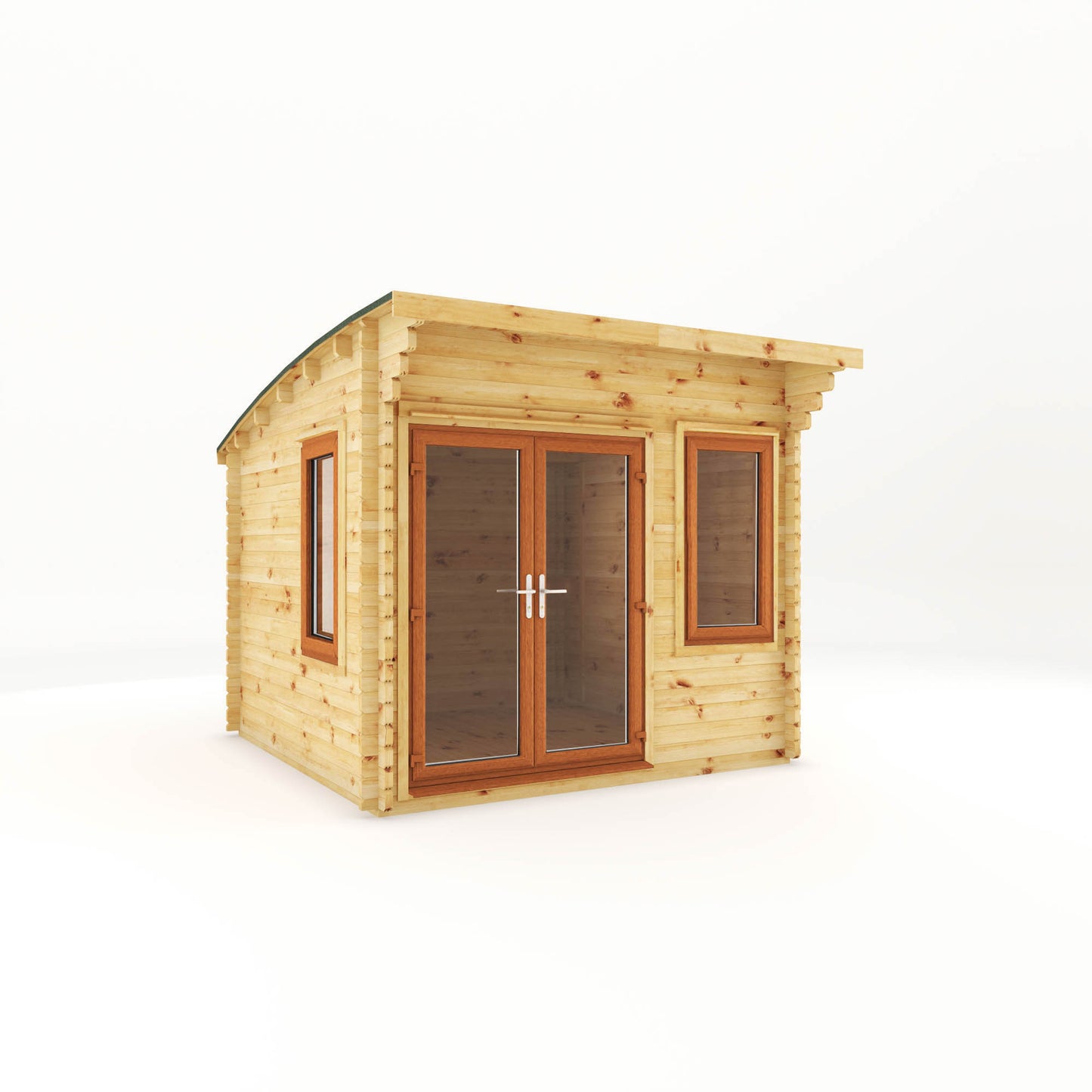 A curved roof log cabin with full length double doors and large windows with oak UPVC