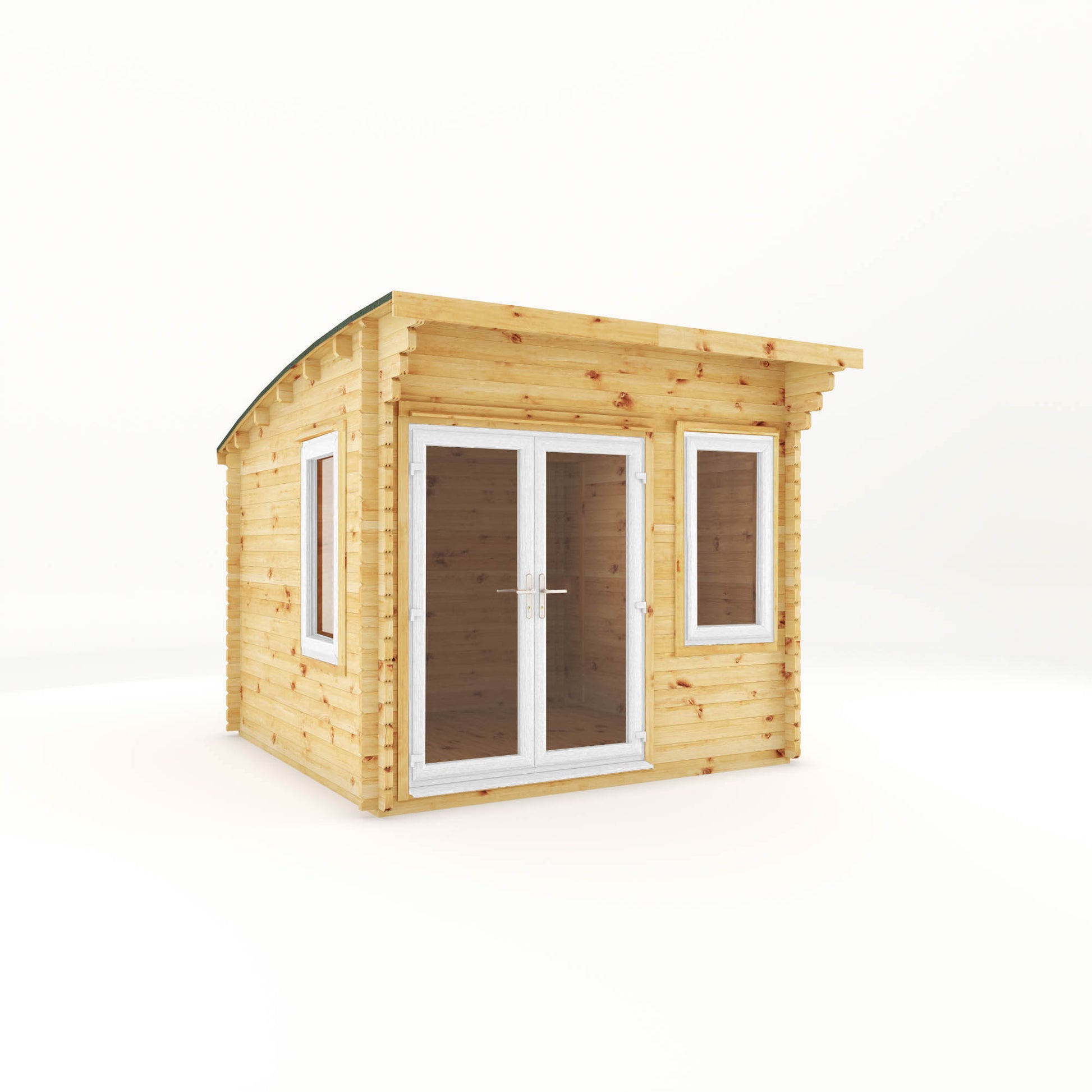 A curved roof log cabin with full length double doors and large windows with white UPVC