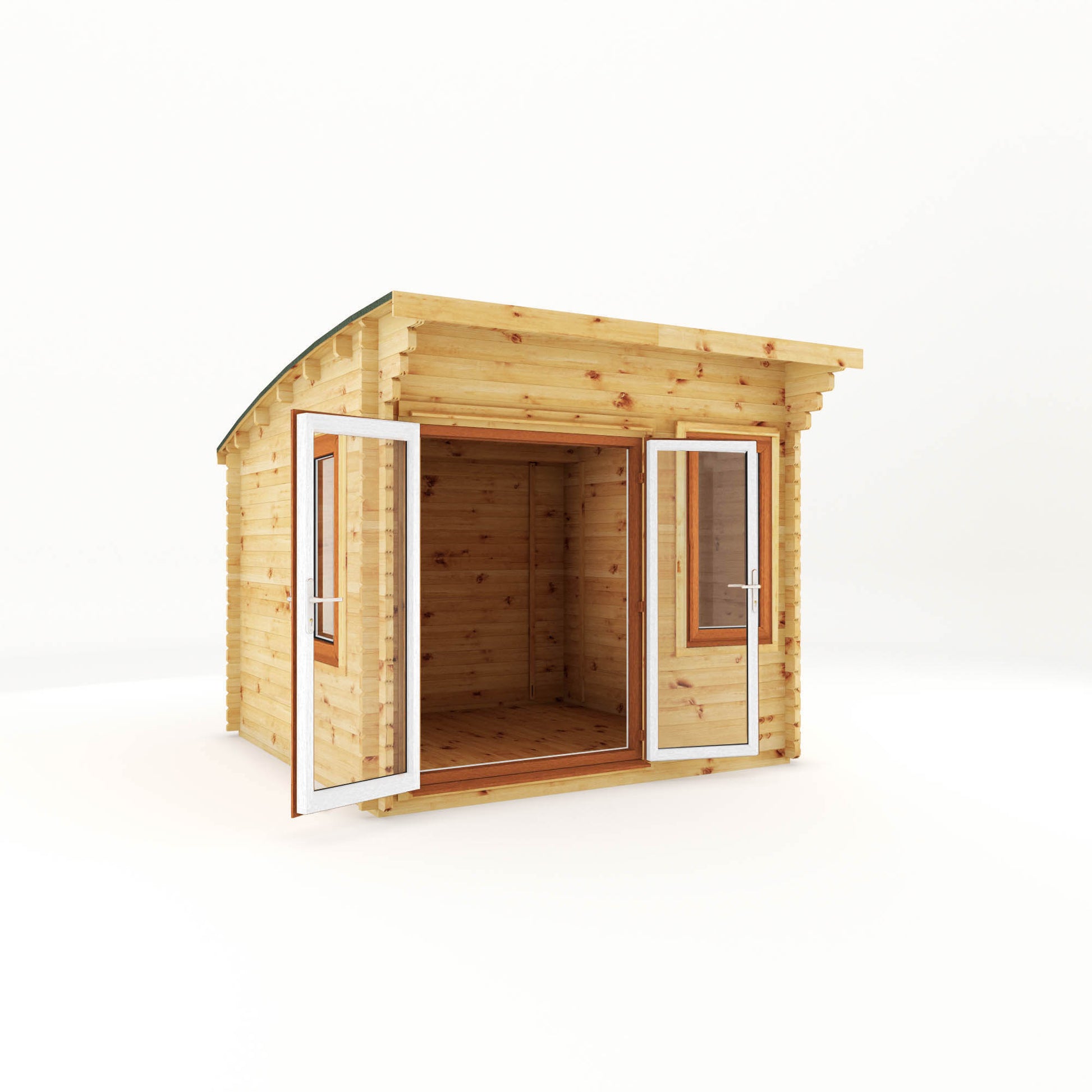 A curved roof log cabin with full length double doors and large windows with oak UPVC