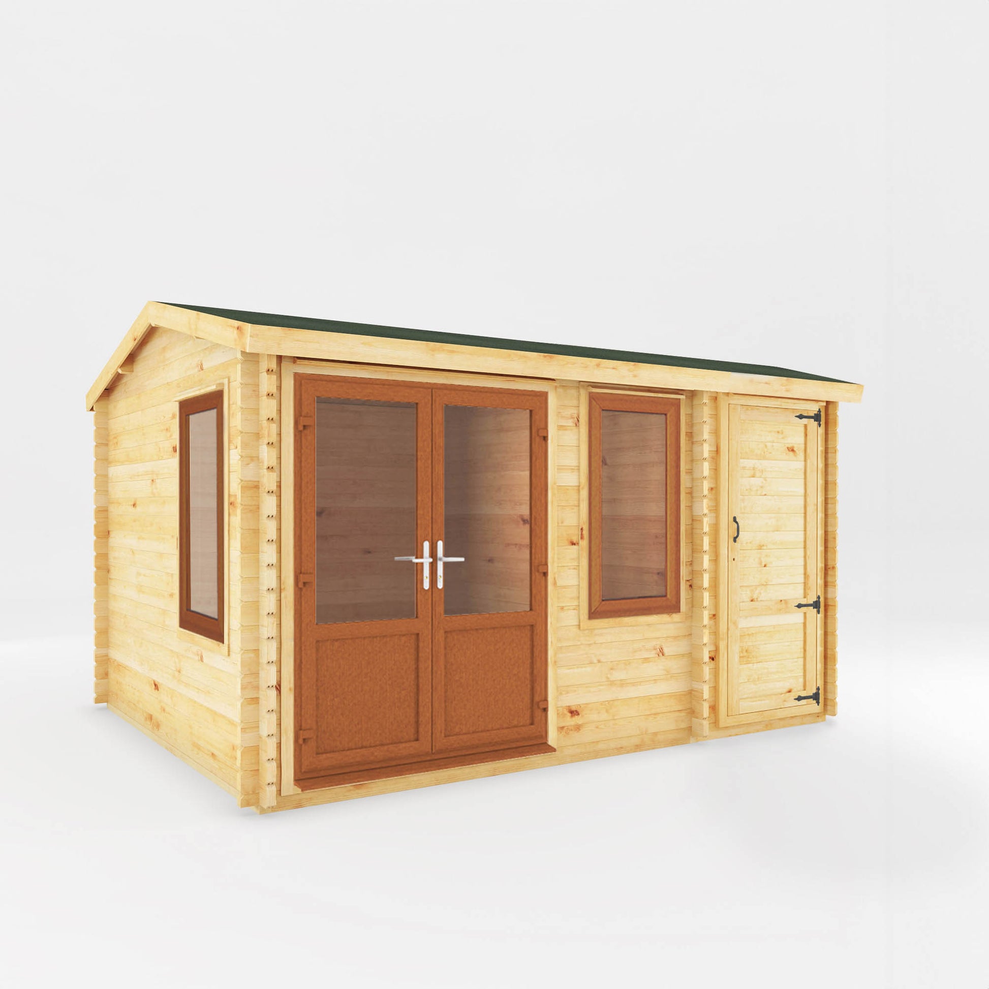 A timber log cabin with double doors, apex roof, side shed and large windows with oak UPVC