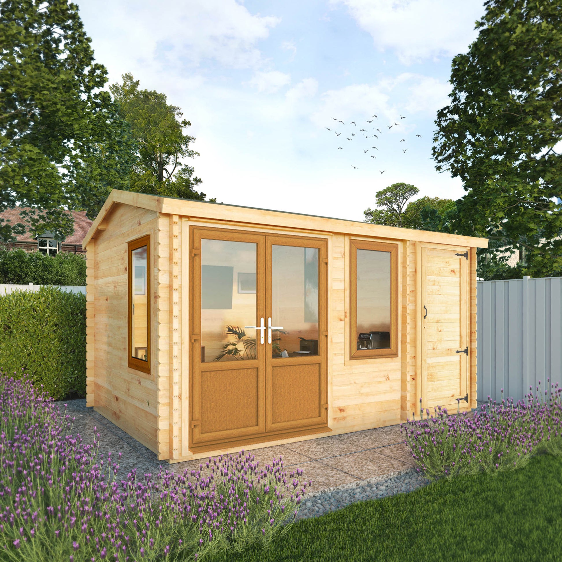 A timber log cabin with double doors, apex roof, side shed and large windows being used as a home office in a British flowery garden with oak UPVC