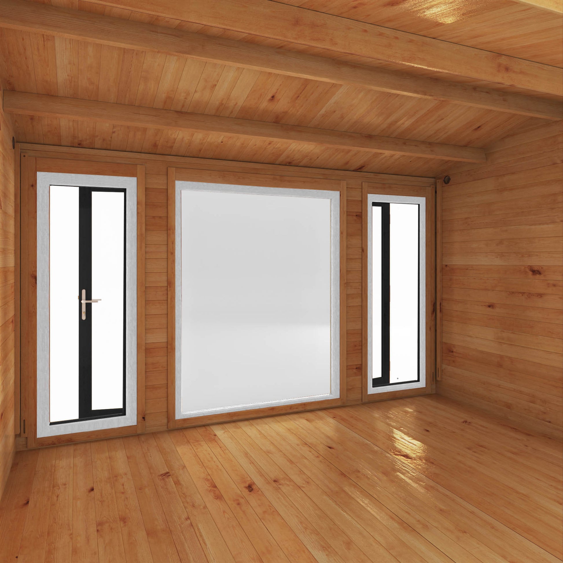 A modern timber log cabin with pent roof, full length windows, double doors in grey UPVC