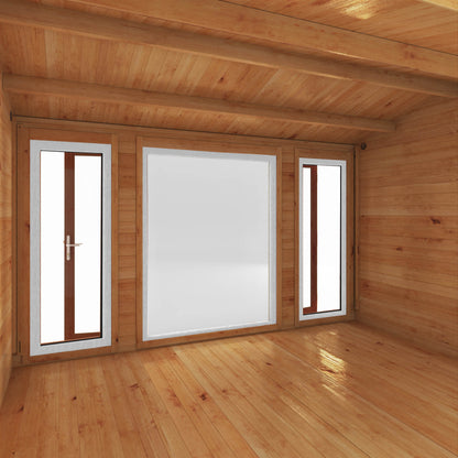 A log cabin with an apex roof and full length oak UPVC windows