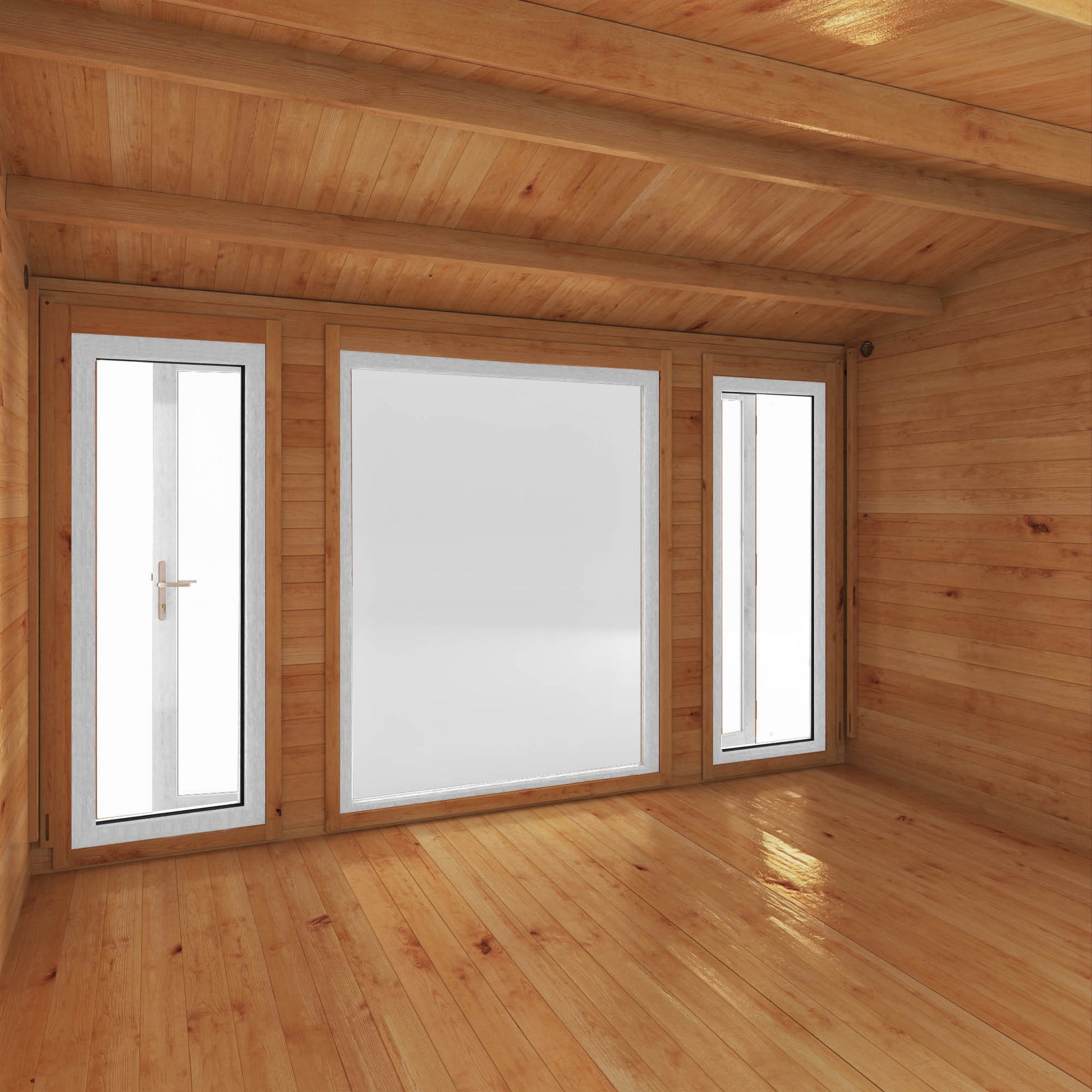 A log cabin with an apex roof and full length white UPVC windows