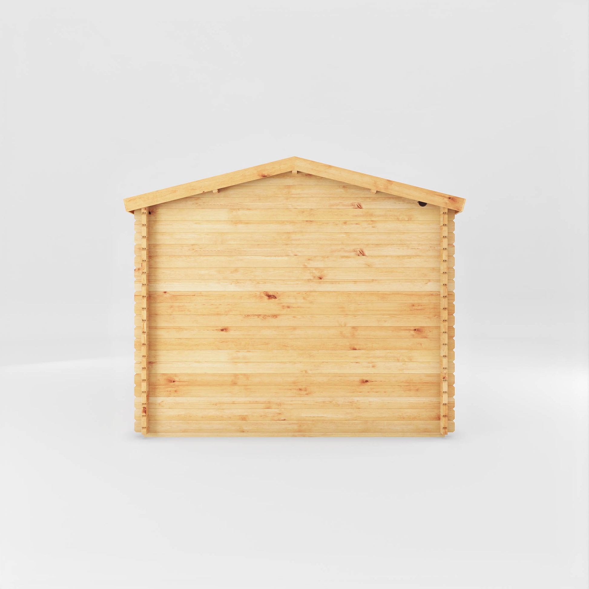 A log cabin with an apex roof and full length oak UPVC windows