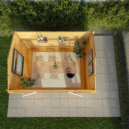 A modern timber log cabin with pent roof, full length windows, double doors in oak UPVC being used as a dining room