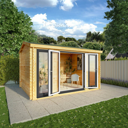 A modern timber log cabin with pent roof, full length windows, double doors in grey UPVC being used as a dining room