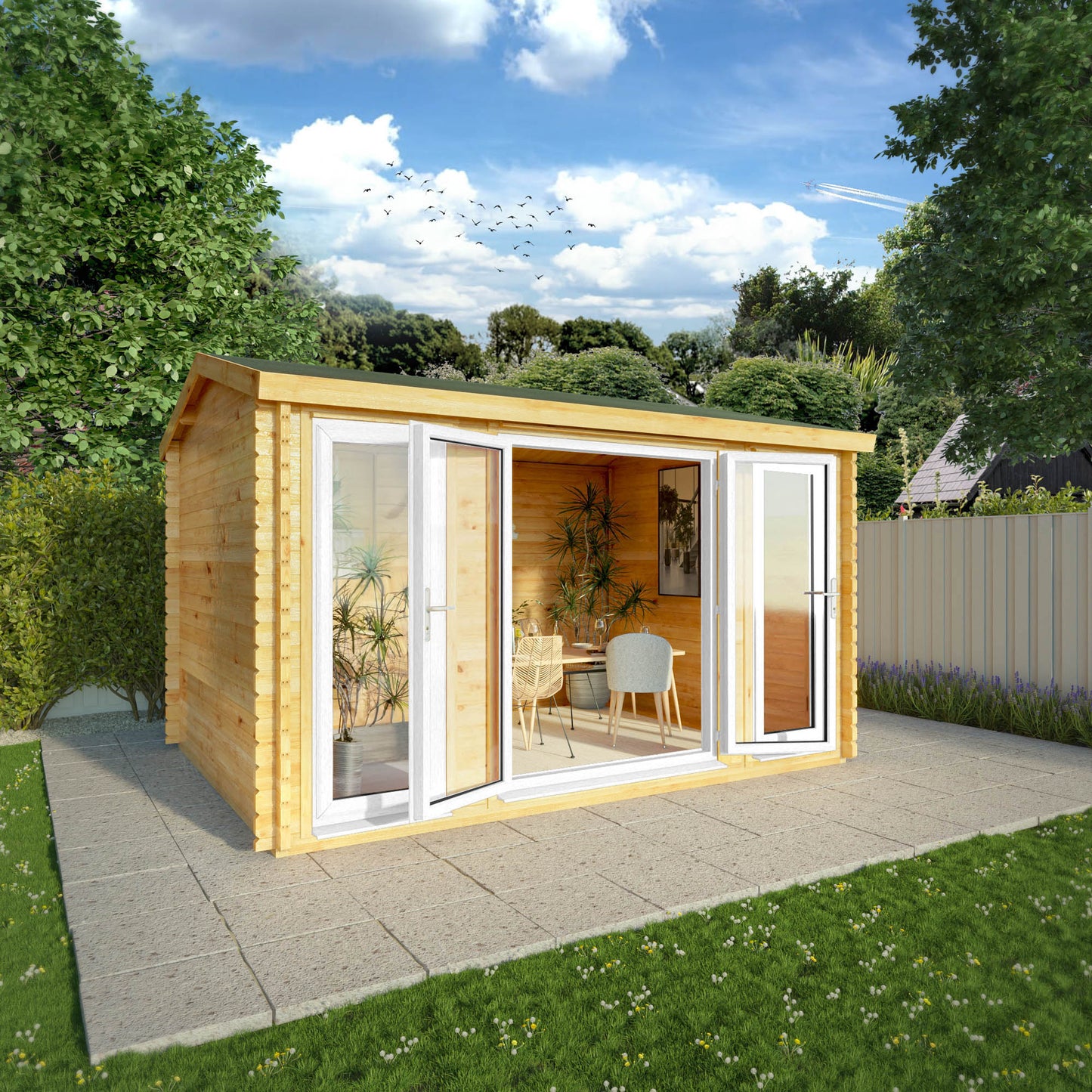 A log cabin with an apex roof and full length white UPVC windows