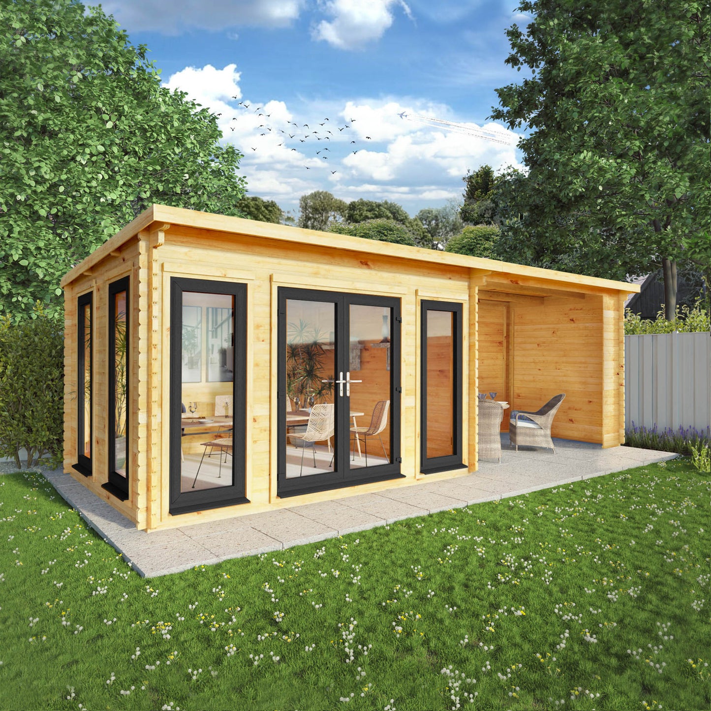 The 7m x 3m Wren Log Cabin with Patio Area