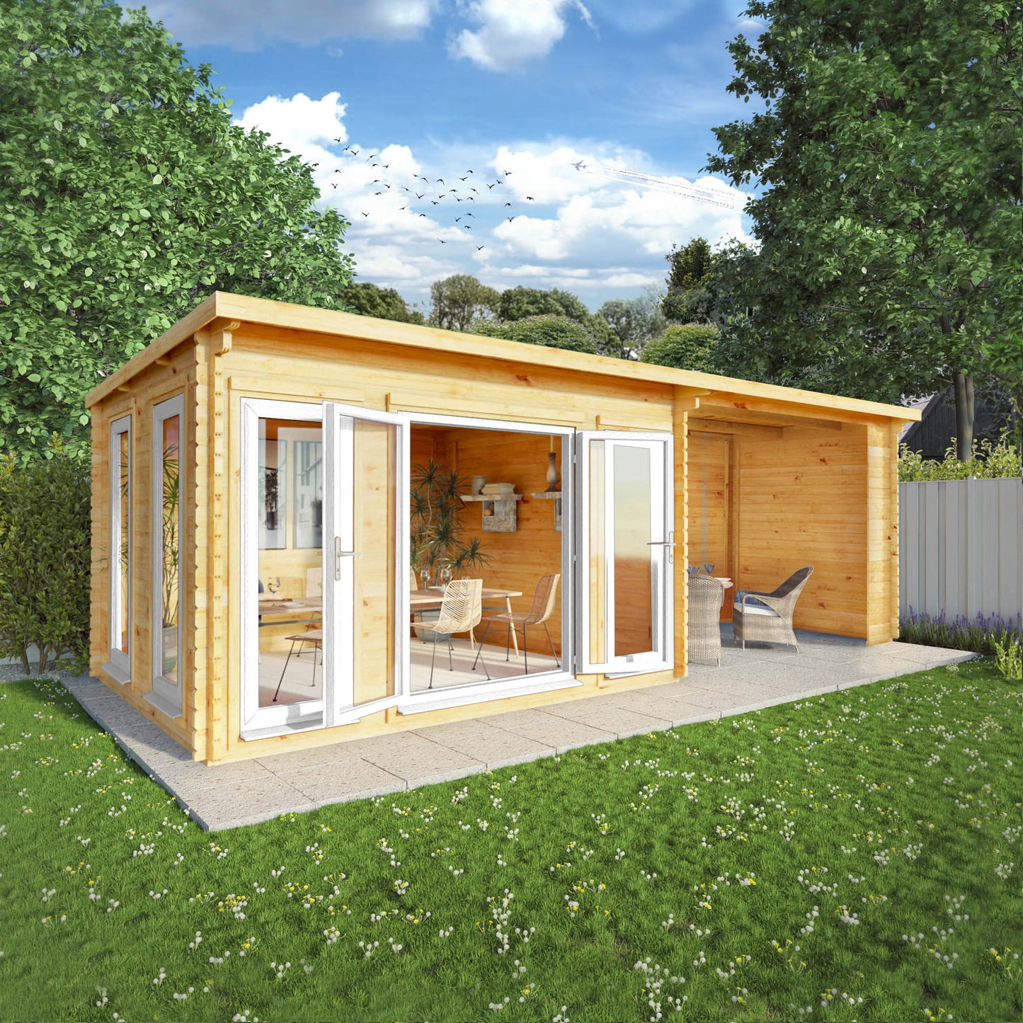 The 7m x 3m Wren Log Cabin with Patio Area