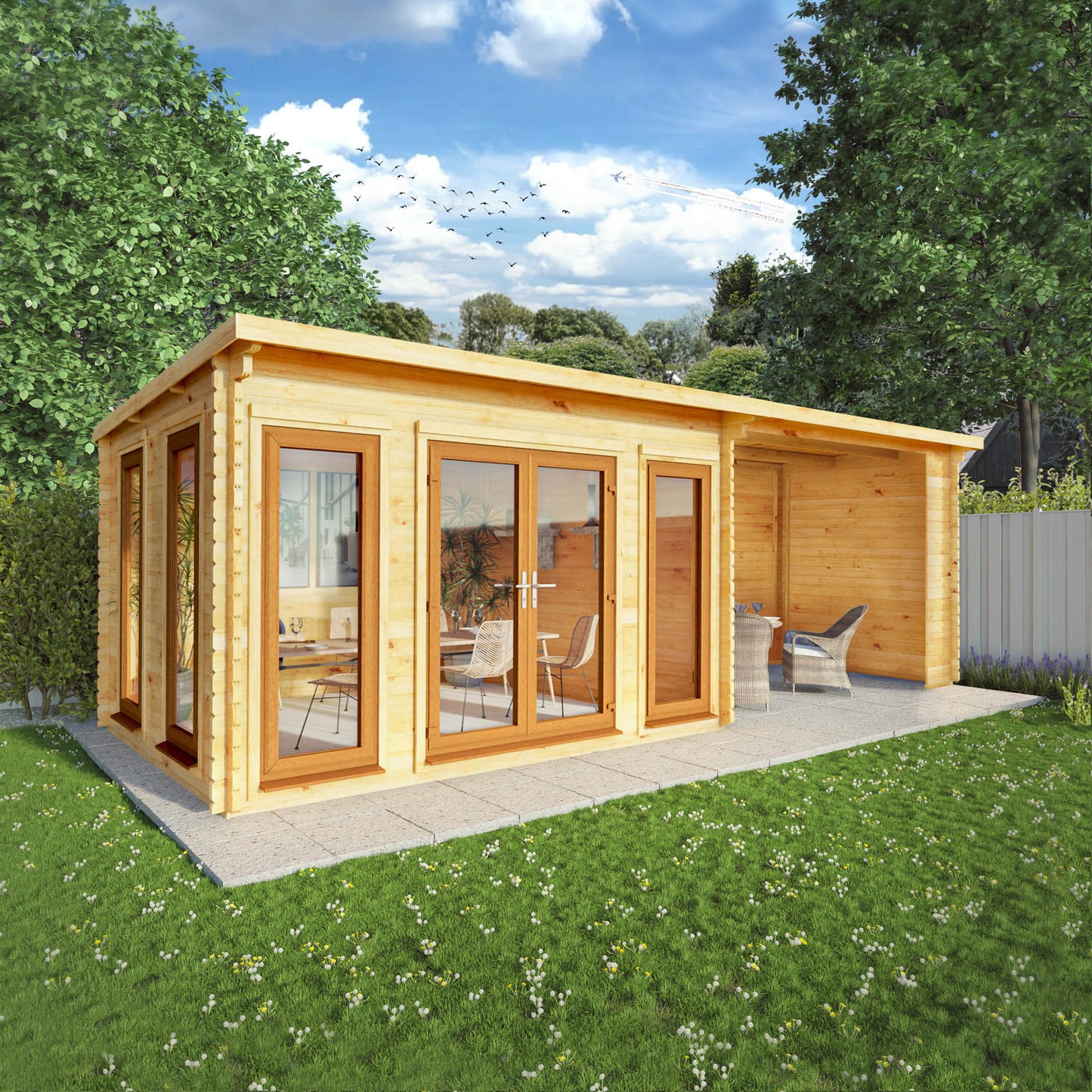 The 7m x 3m Wren Log Cabin with Patio Area