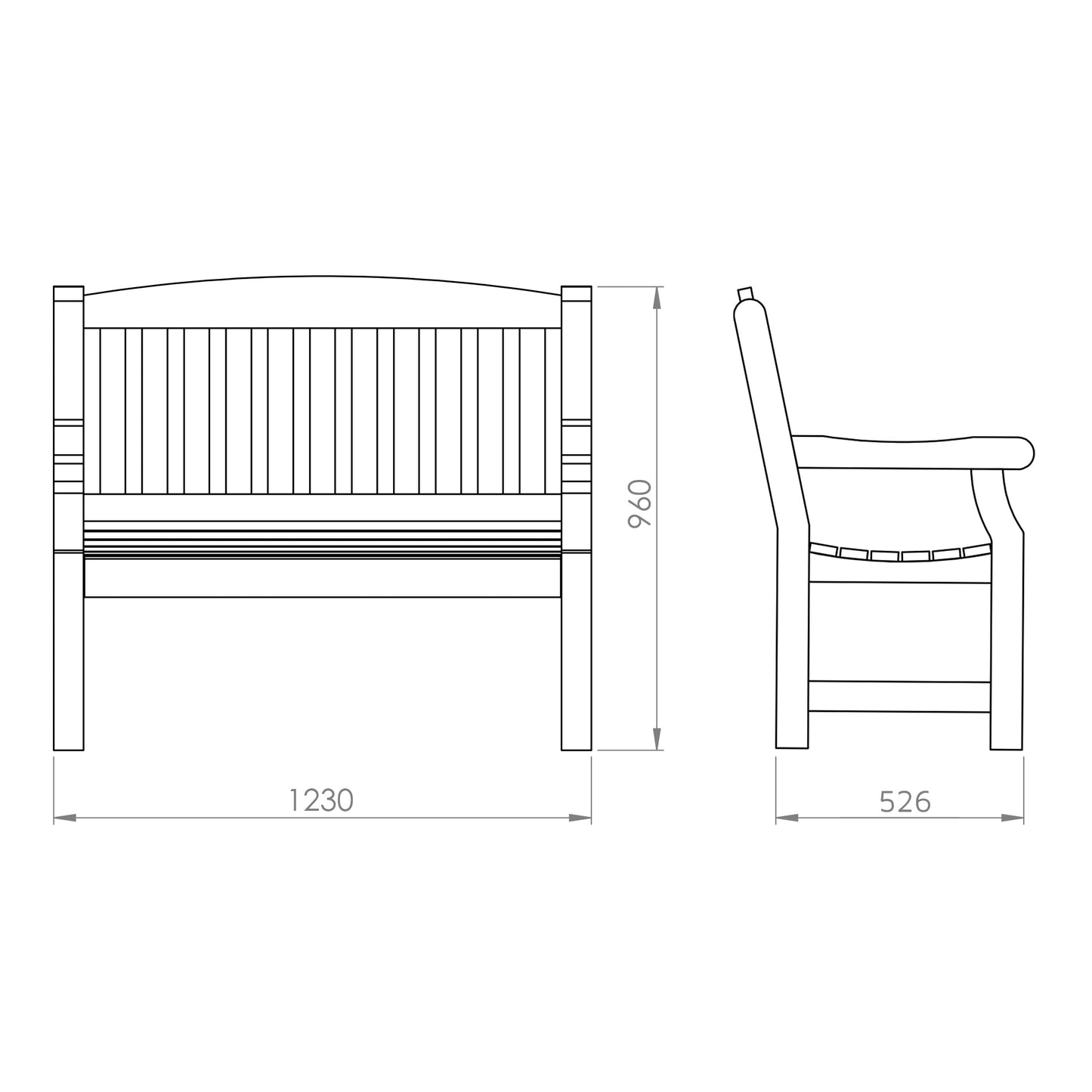 A specification image showing the size of a timber bench
