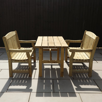 A picture of a timber bench and table set, featuring two benches and a wooden table