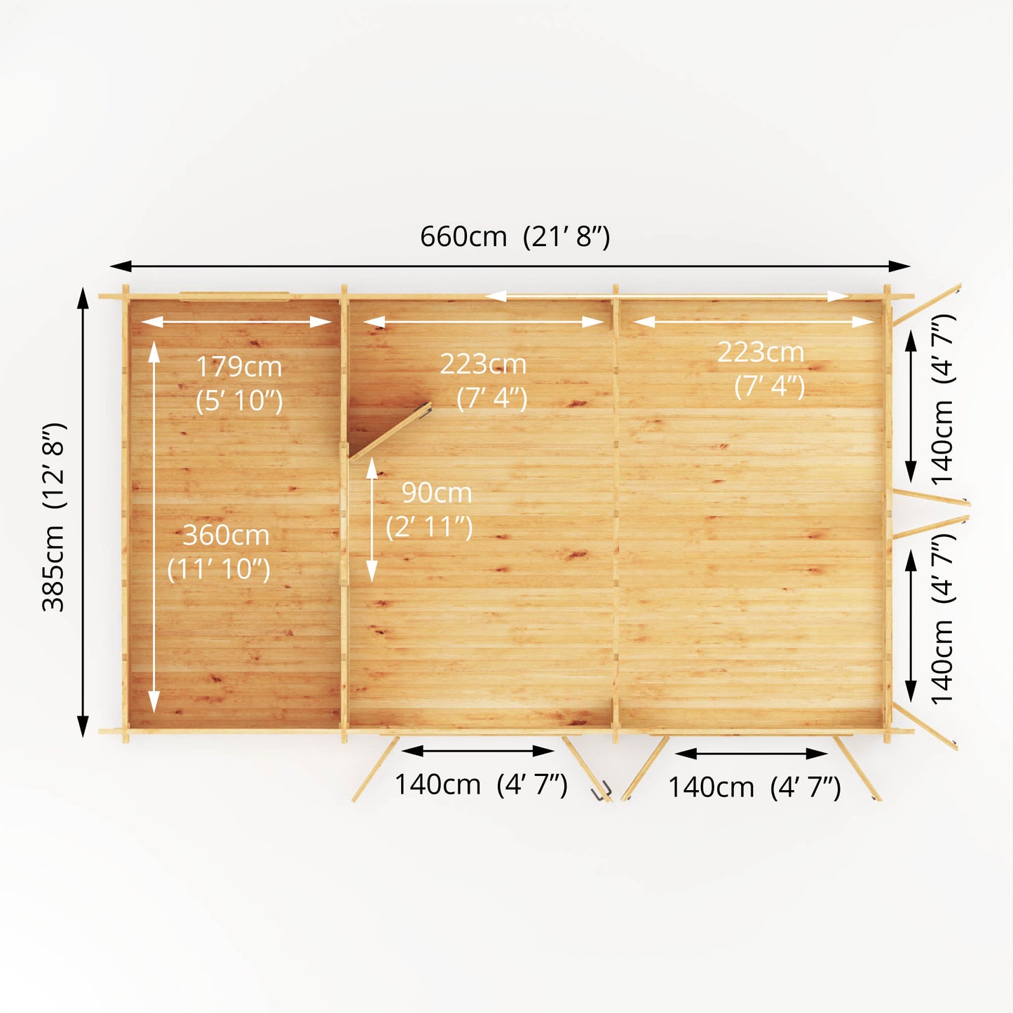 The dimensions of a Large timber log cabin, with apex roof, full length windows, double doors.