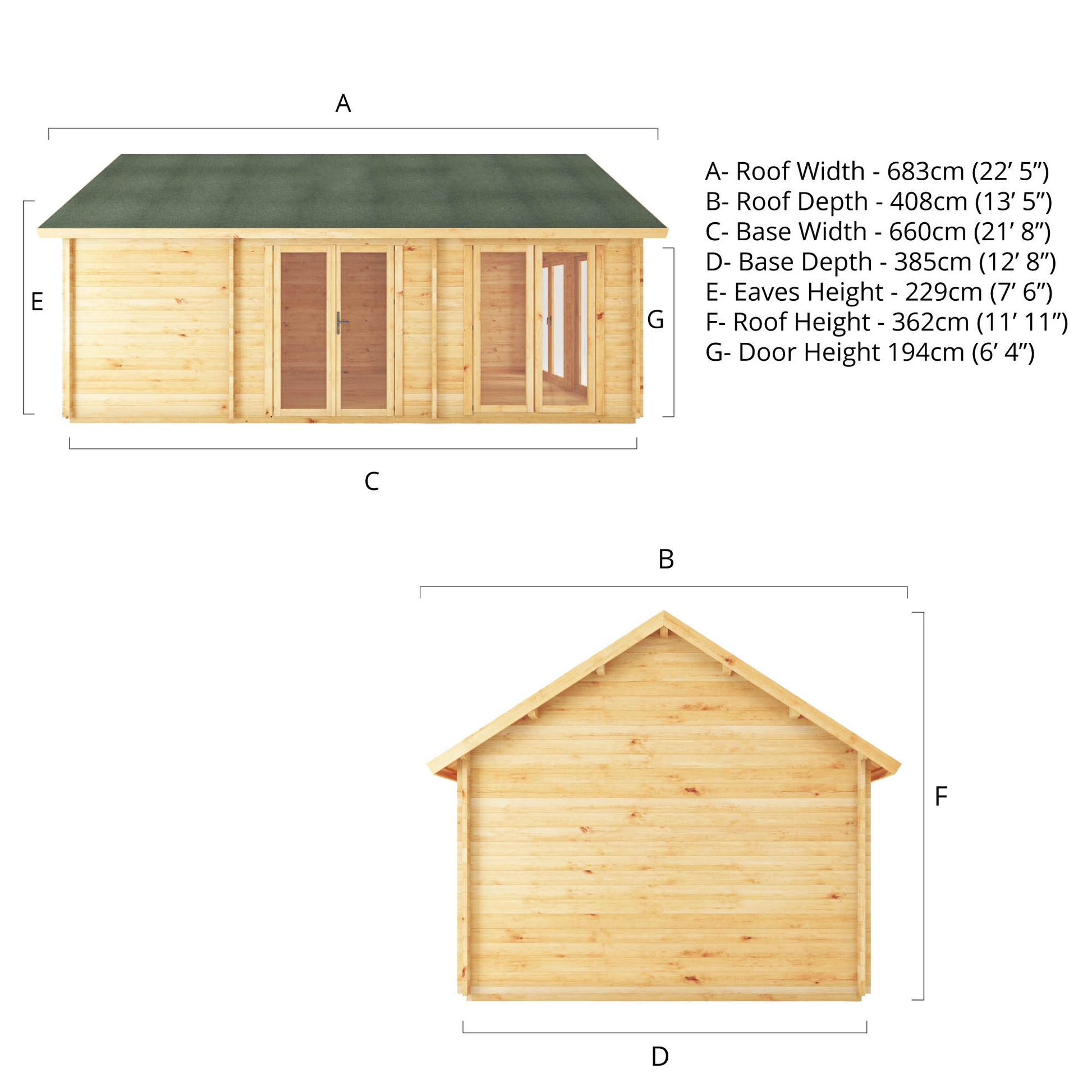 The dimensions of a Large timber log cabin, with apex roof, full length windows, double doors.