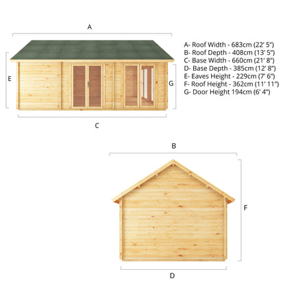 The dimensions of a Large timber log cabin, with apex roof, full length windows, double doors.