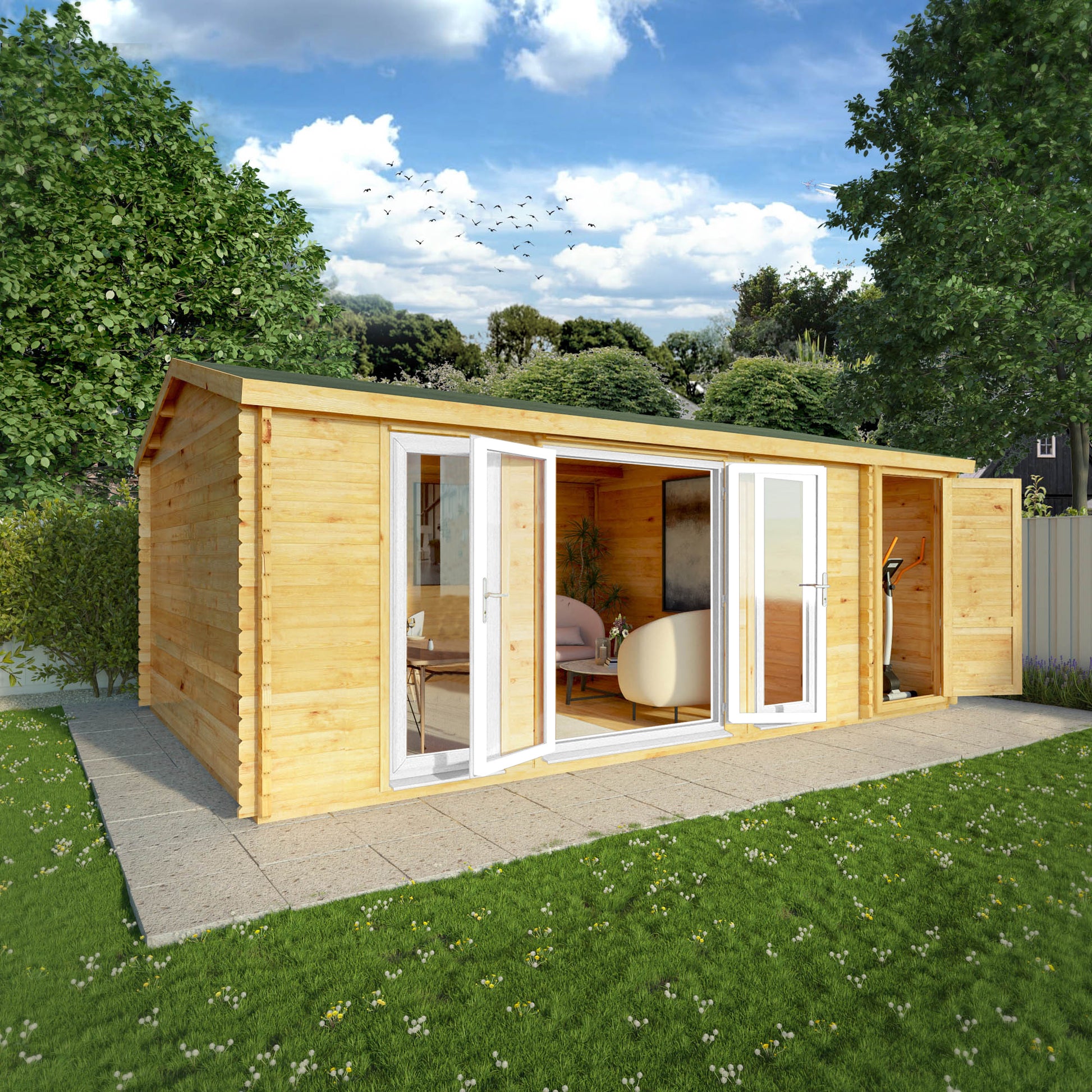 A log cabin with full length upvc windows and side shed