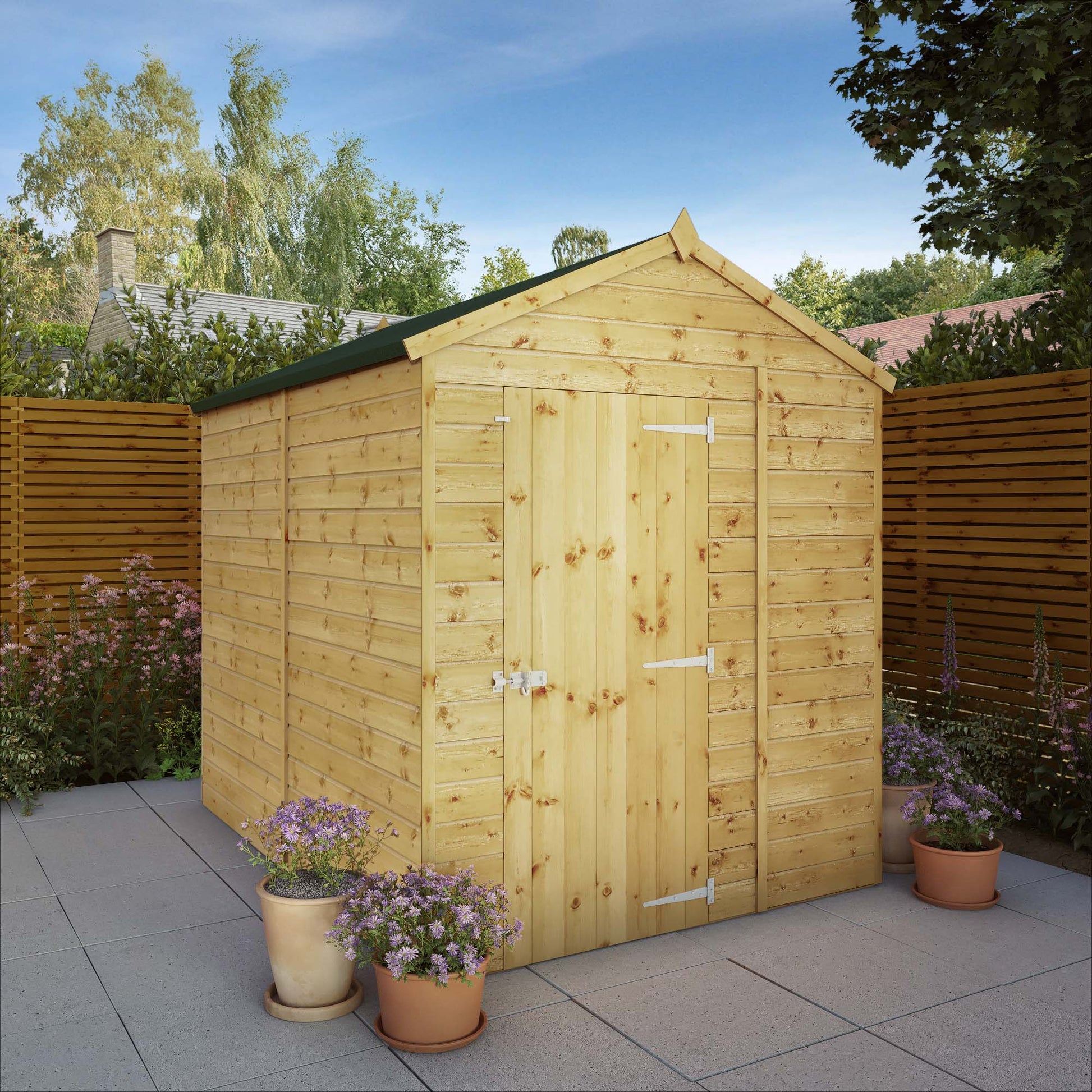 A timber shed with single door and no windows