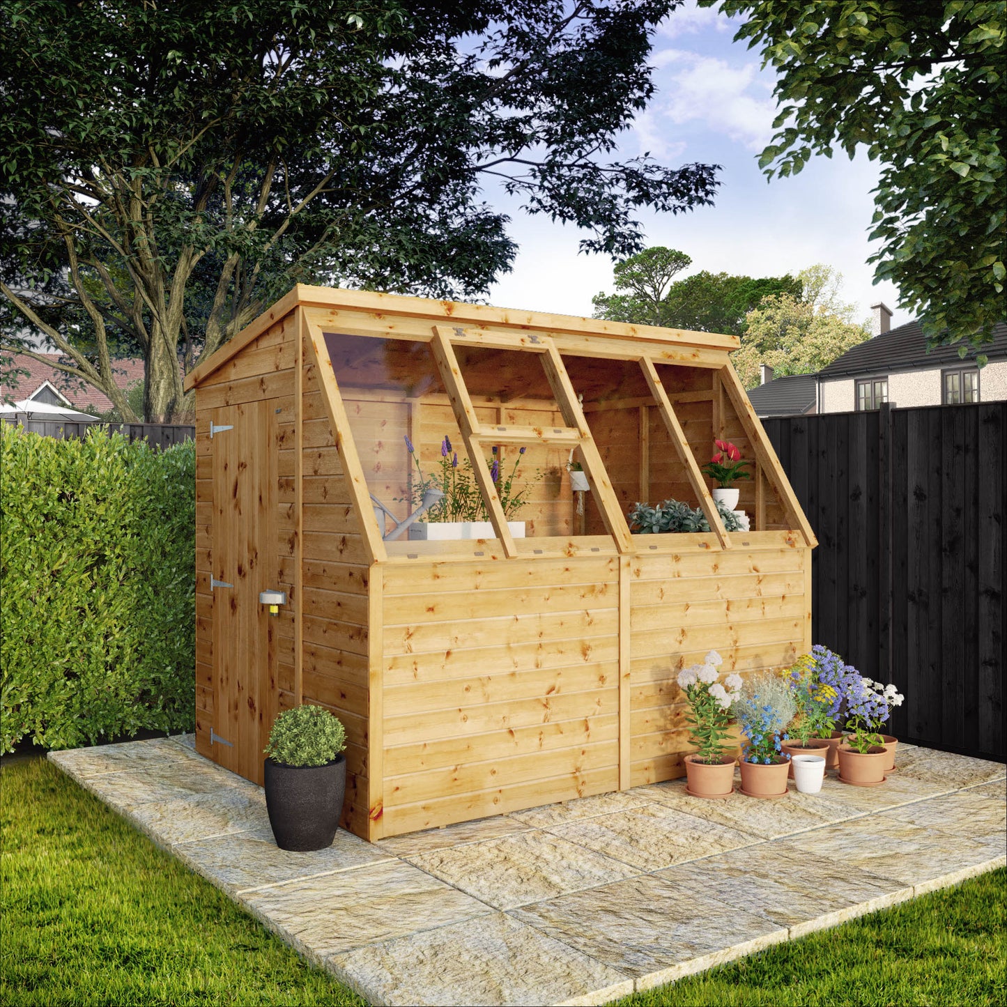 A timber potting shed with large windows