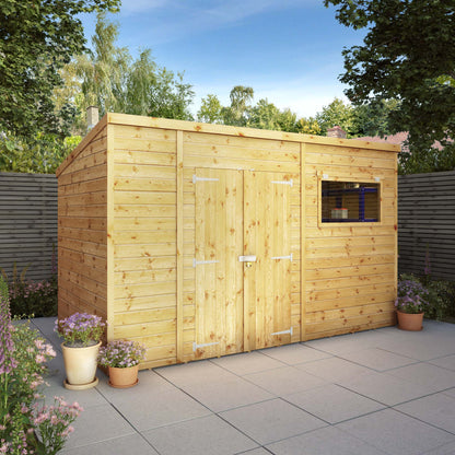 A large timber shed with double doors, pent roof and a window