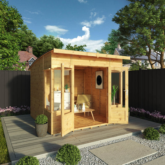 An image of a timber summerhouse with double doors