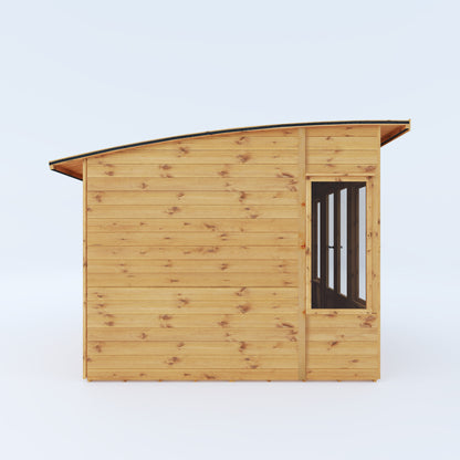 An image of a timber summerhouse with double doors