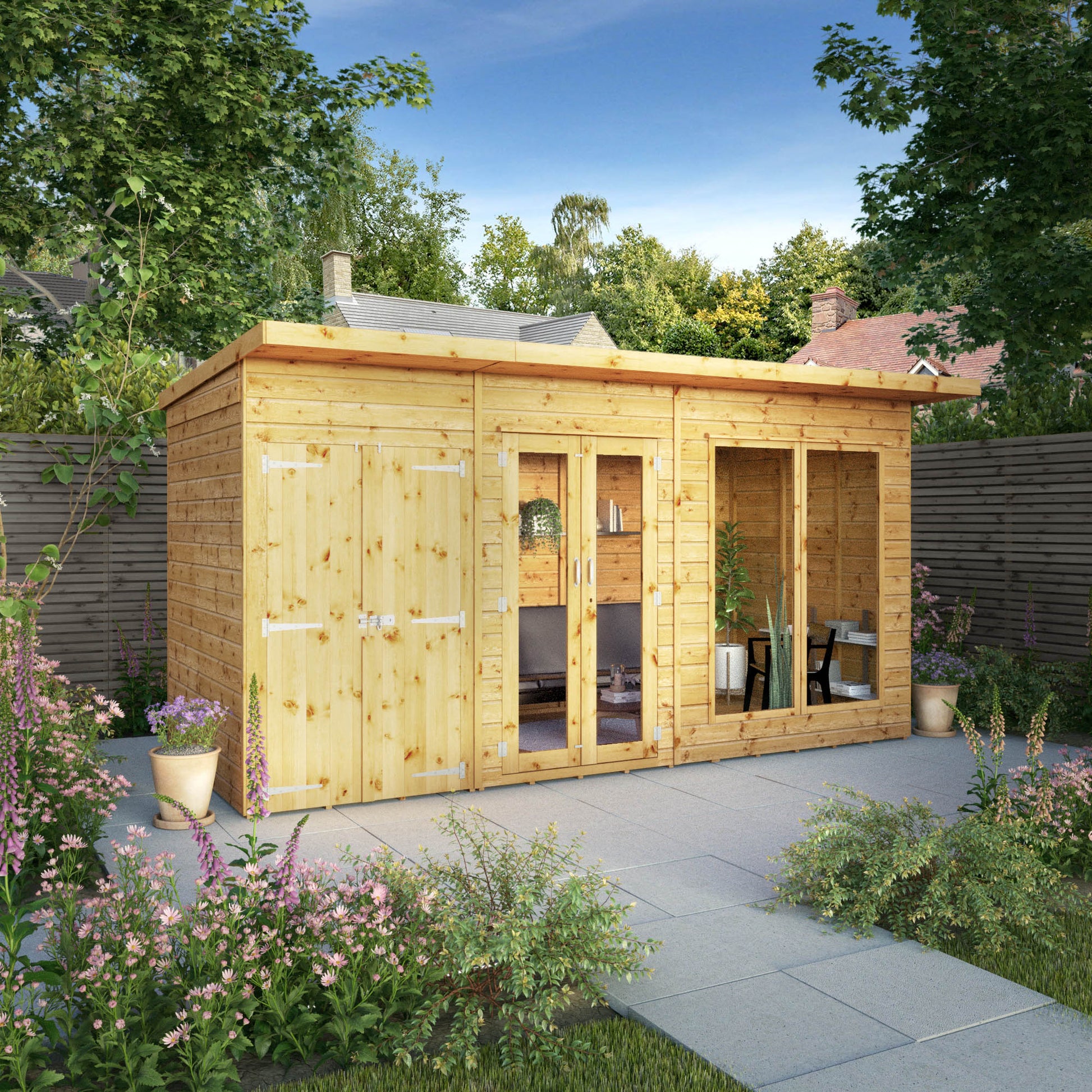 A timber summerhouse with pent roof, double doors, large windows and a side shed