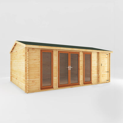 A log cabin with full length UPVC and a side shed