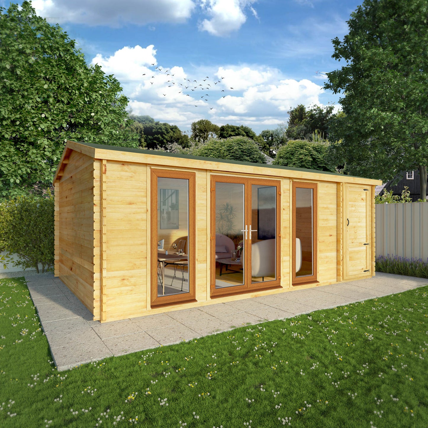A log cabin with full length UPVC and a side shed