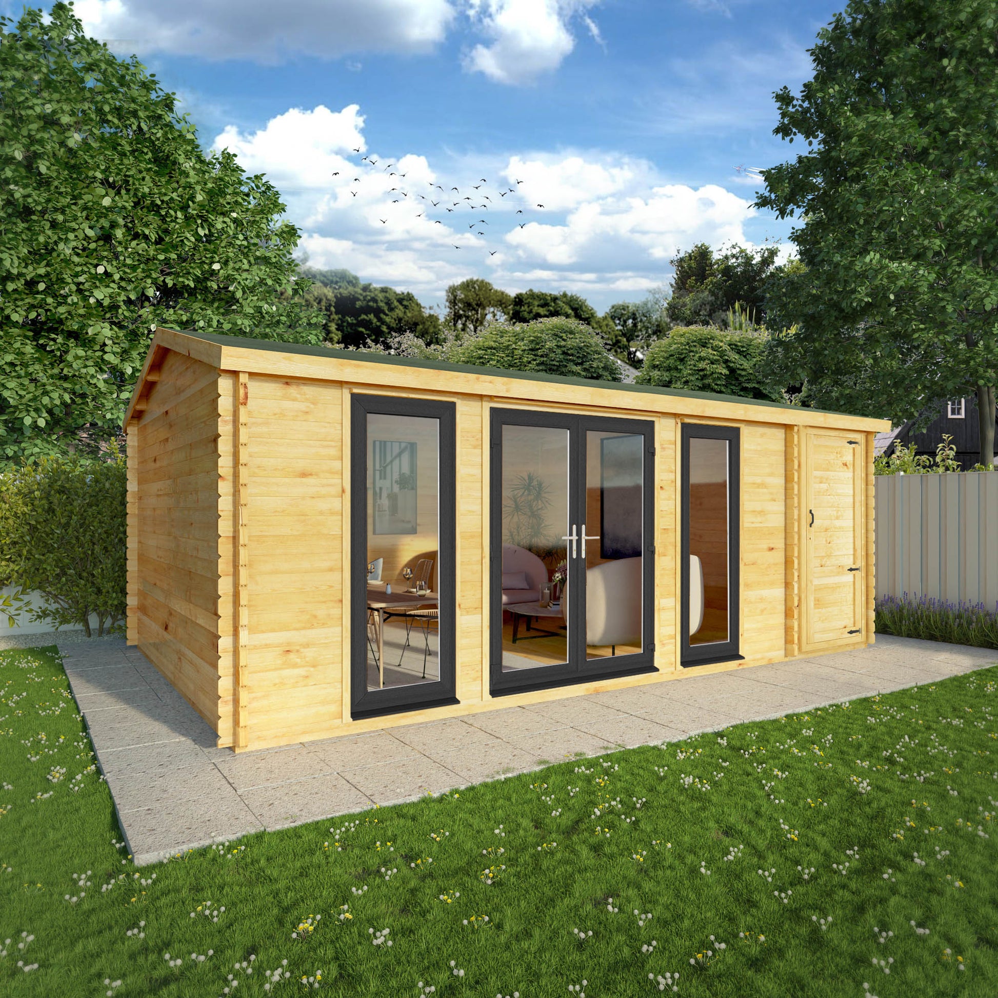 A log cabin with full length upvc windows and side shed