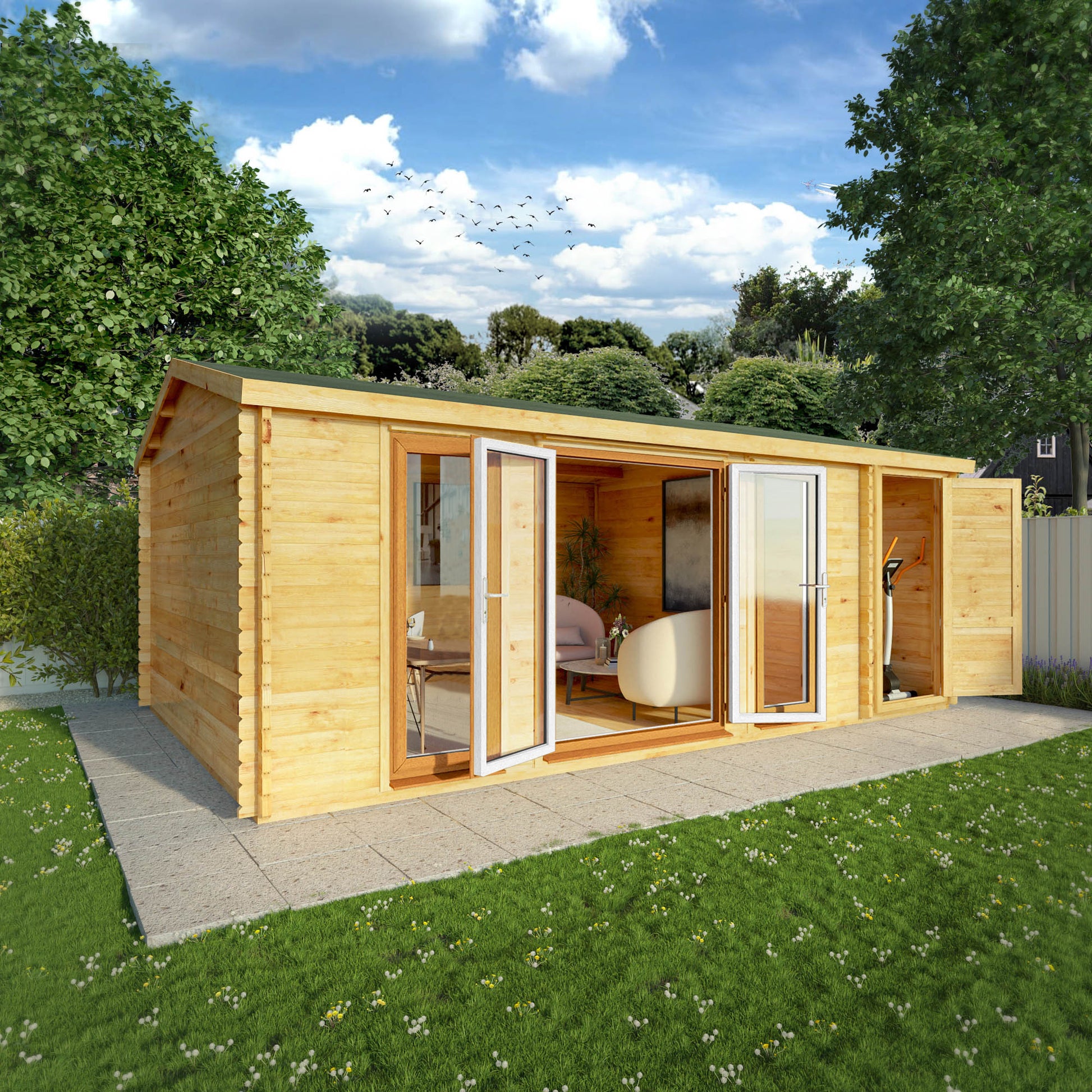 A log cabin with full length upvc windows and a side shed