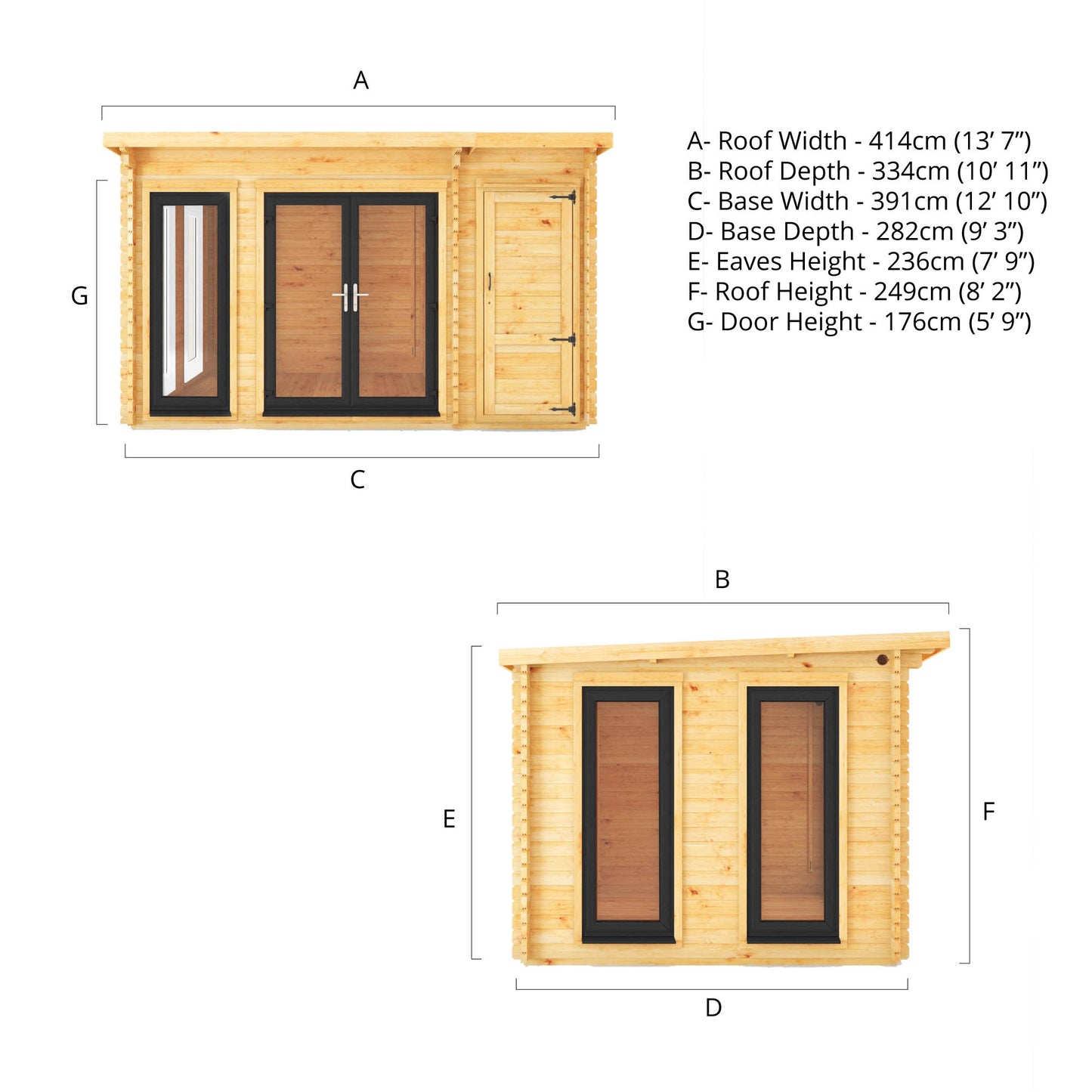 The 4.1m x 3m Wren Pent Log Cabin with Side Shed and Anthracite UPVC