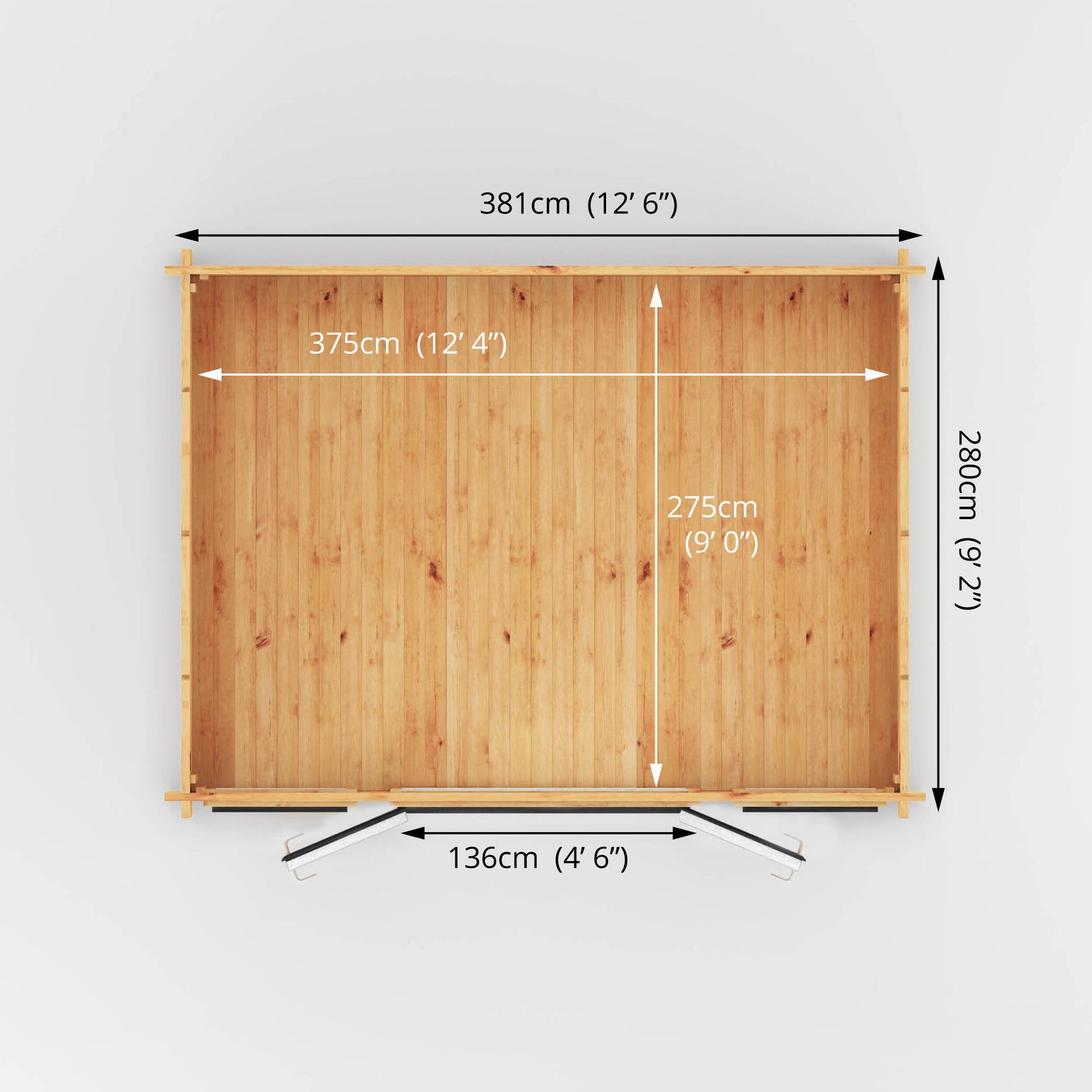 A specification drawing showing the dimensions of a log cabin