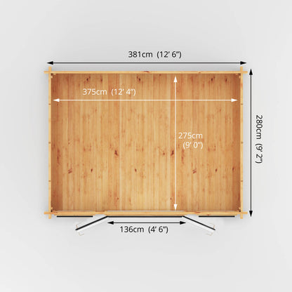 A specification drawing showing the dimensions of a log cabin