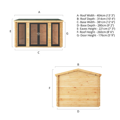 A specification drawing showing the dimensions of a log cabin