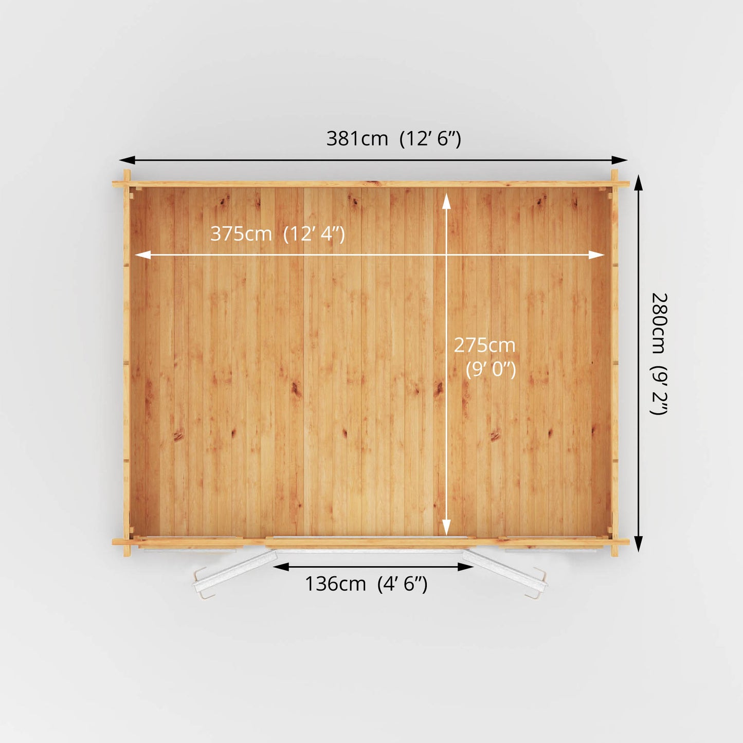 A specification drawing showing the dimensions of a log cabin