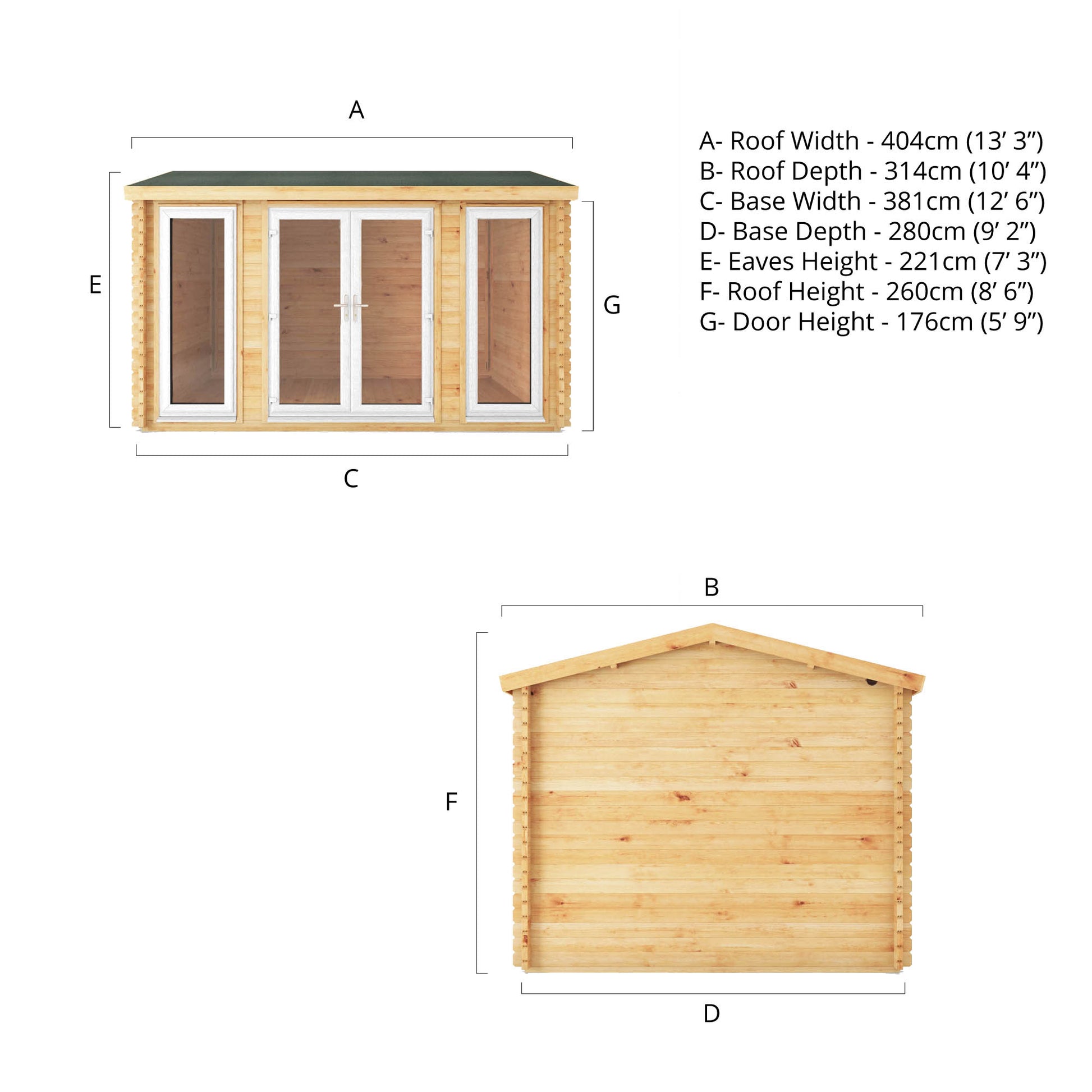 A specification drawing showing the dimensions of a log cabin