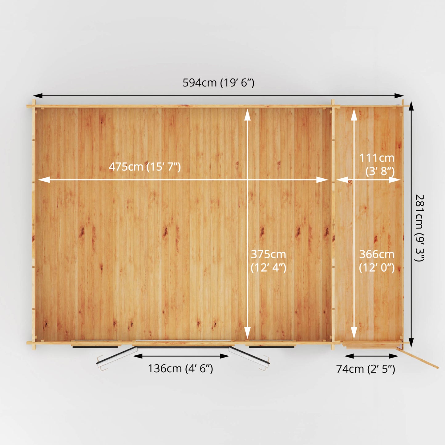 The specification of a log cabin with full length windows and grey upvc