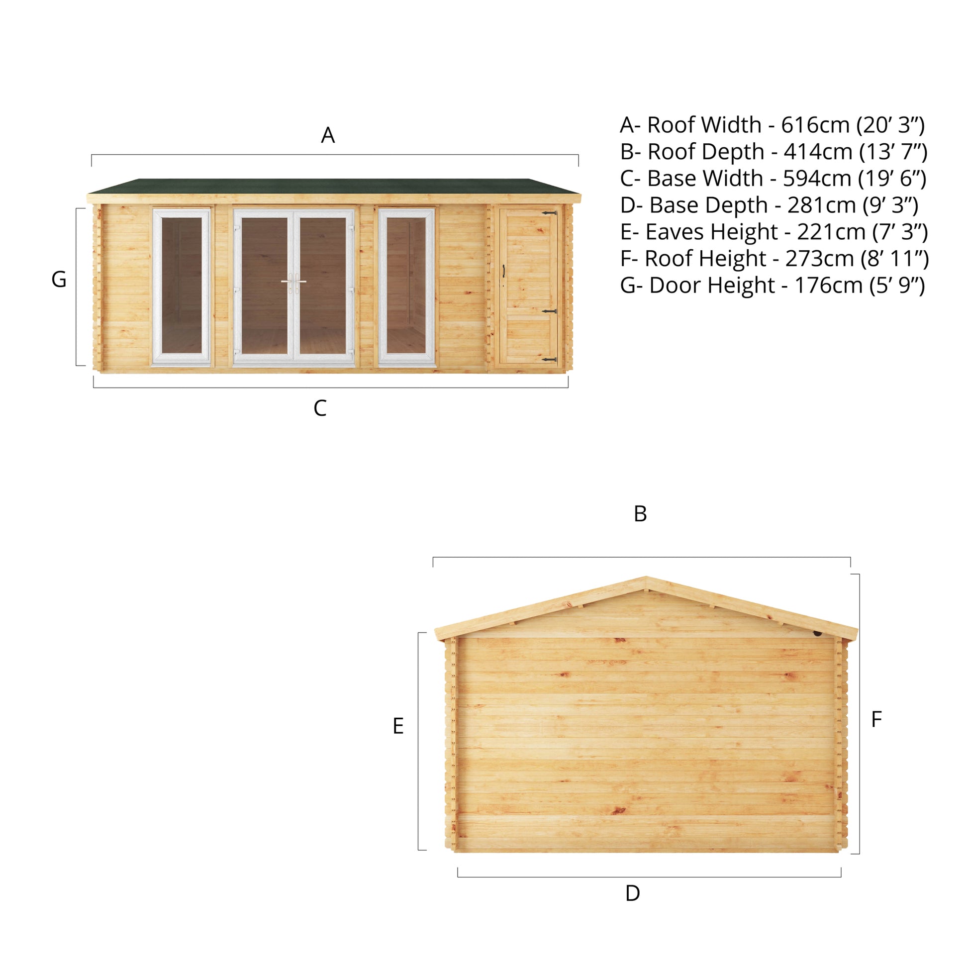 A specification image of a log cabin with double doors and a side shed
