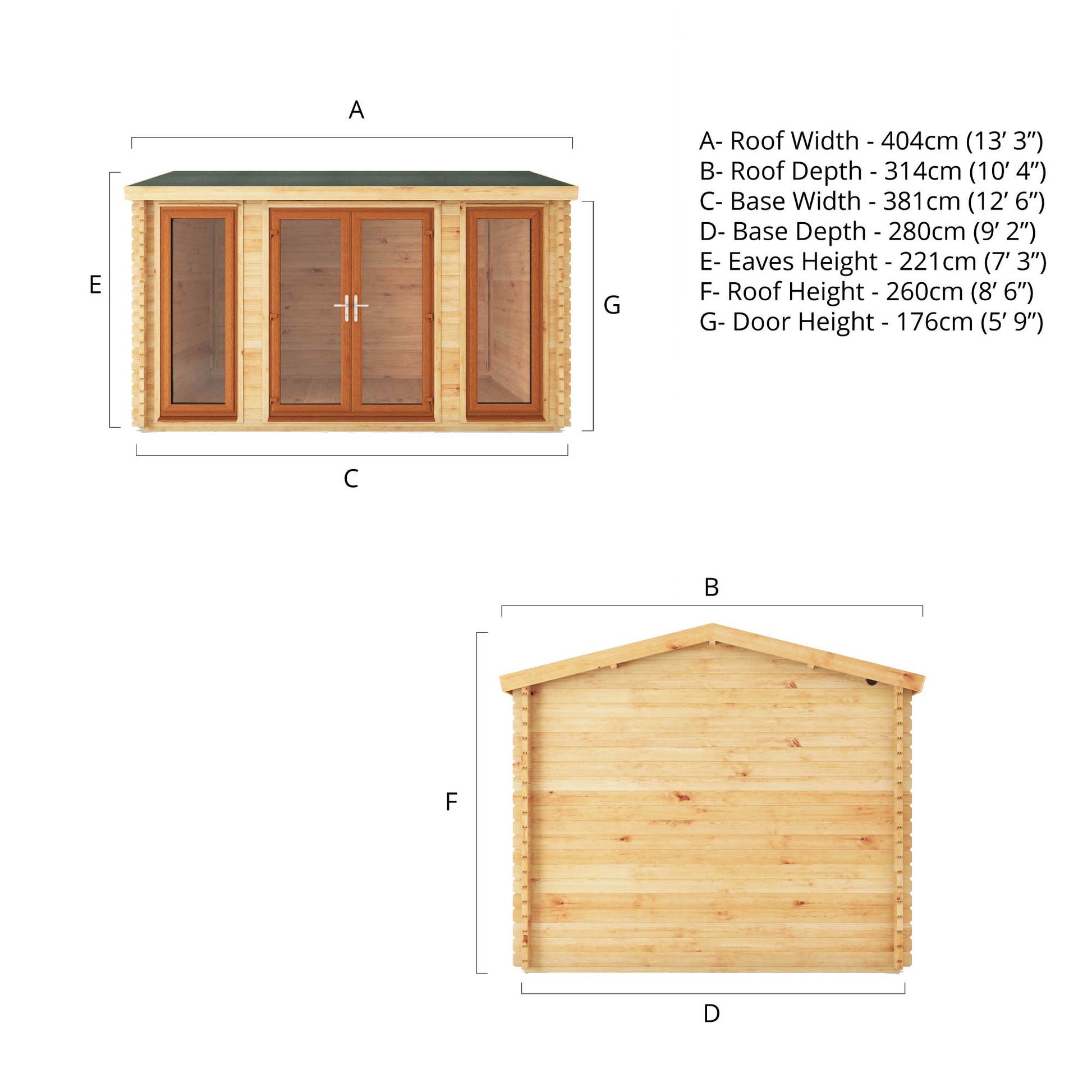A specification drawing showing the dimensions of a log cabin