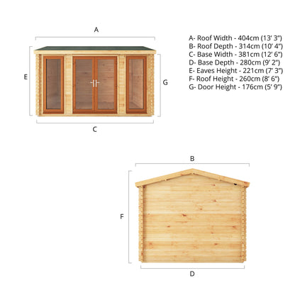 A specification drawing showing the dimensions of a log cabin