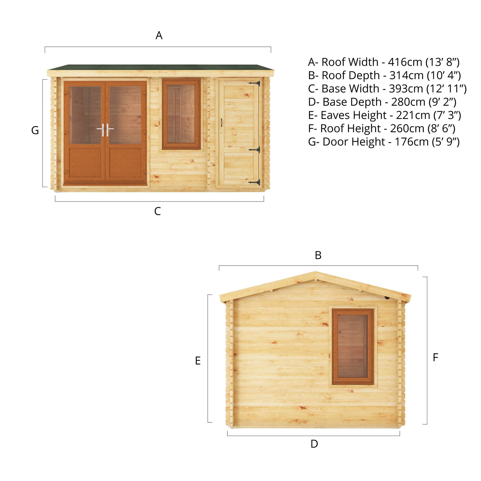 Dimensions of a timber log cabin with double doors, apex roof, side shed and large windows with oak UPVC