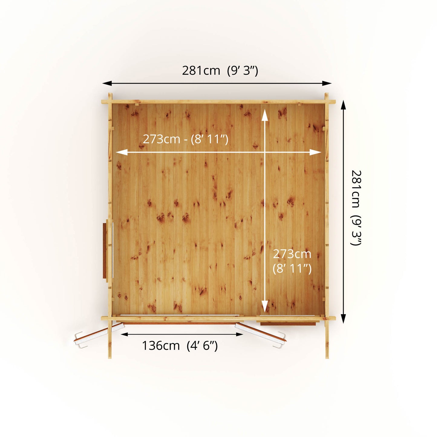 Aerial dimensions of a curved roof log cabin with full length double doors and large windows with oak UPVC