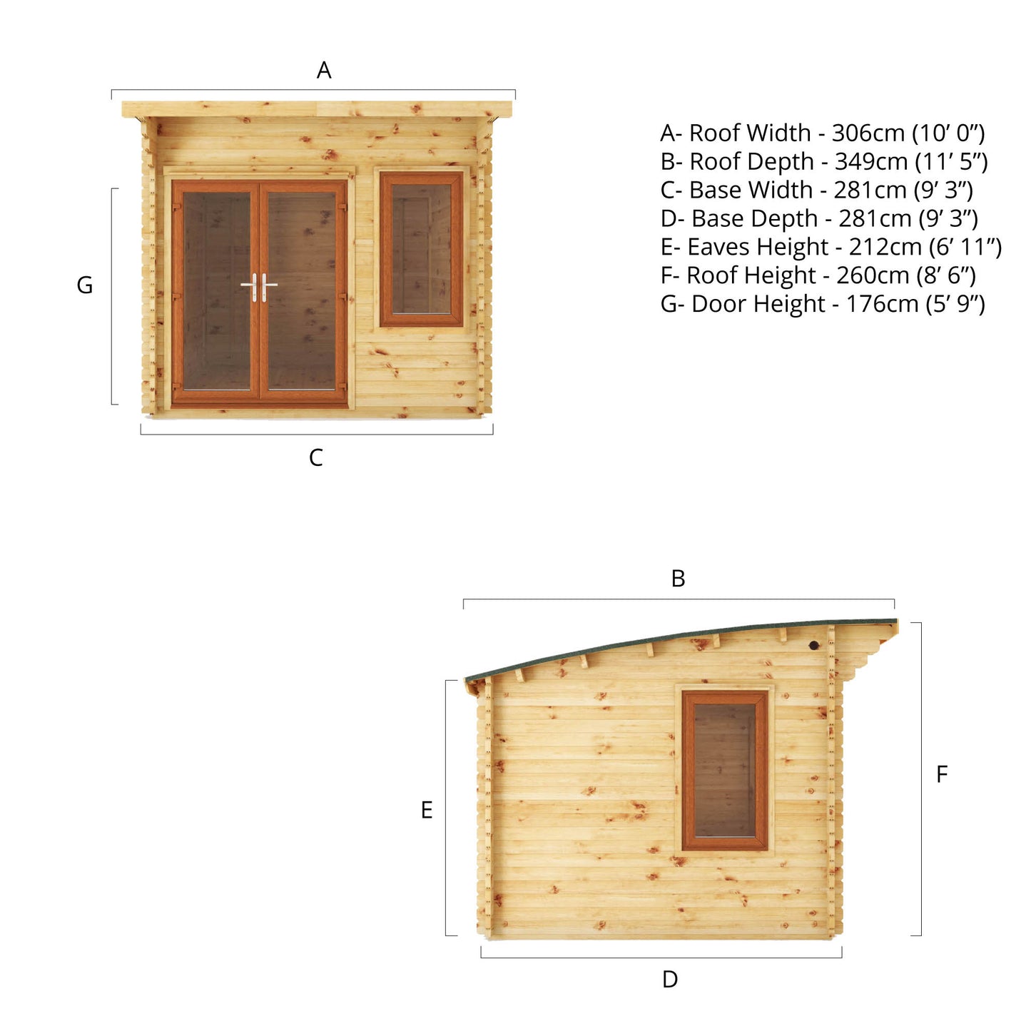 Side and front dimensions of a curved roof log cabin with full length double doors and large windows with oak UPVC