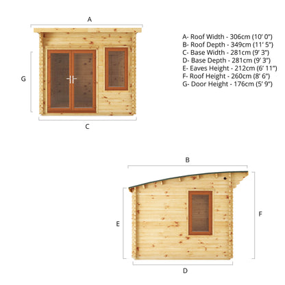 Side and front dimensions of a curved roof log cabin with full length double doors and large windows with oak UPVC