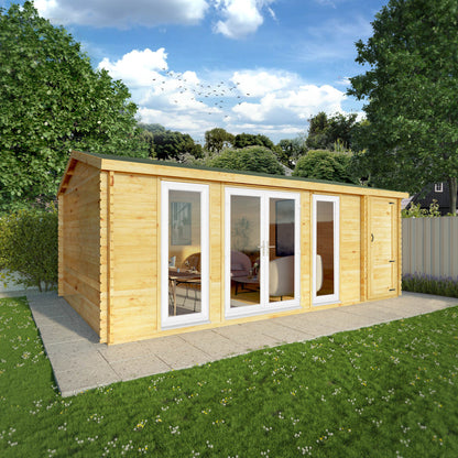 A log cabin with full length upvc windows and side shed