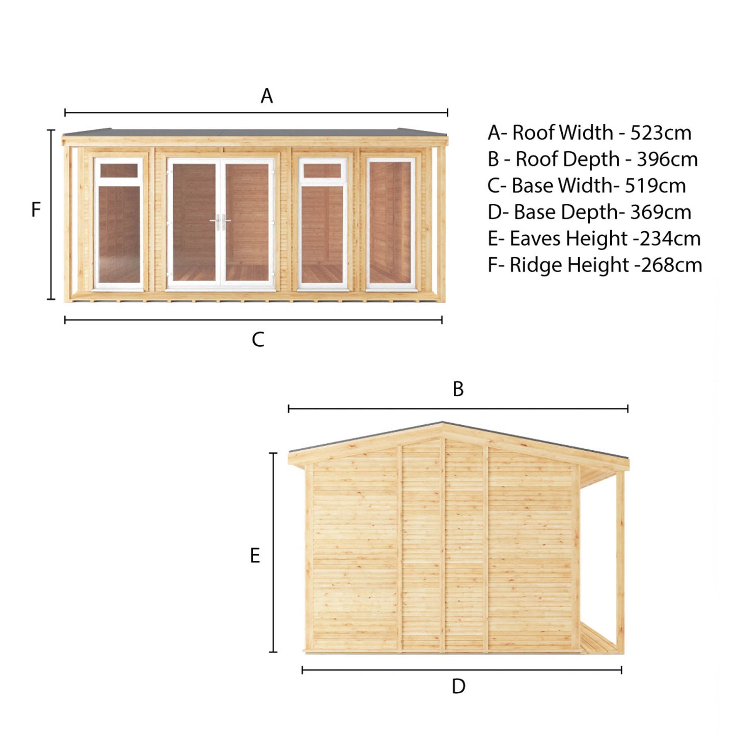 A specification drawing showing the dimensions of an insulated garden room